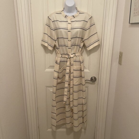 Pendleton Wool Shirt Long Dress Womens L‎ Cream,Navy,Gray Button Up Short Sleeve - Picture 1 of 16